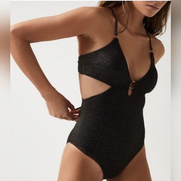Reiss Matilde Metallic Cross Back Swimsuit, Black/Gold NWOT size 6 - Picture 1 of 5